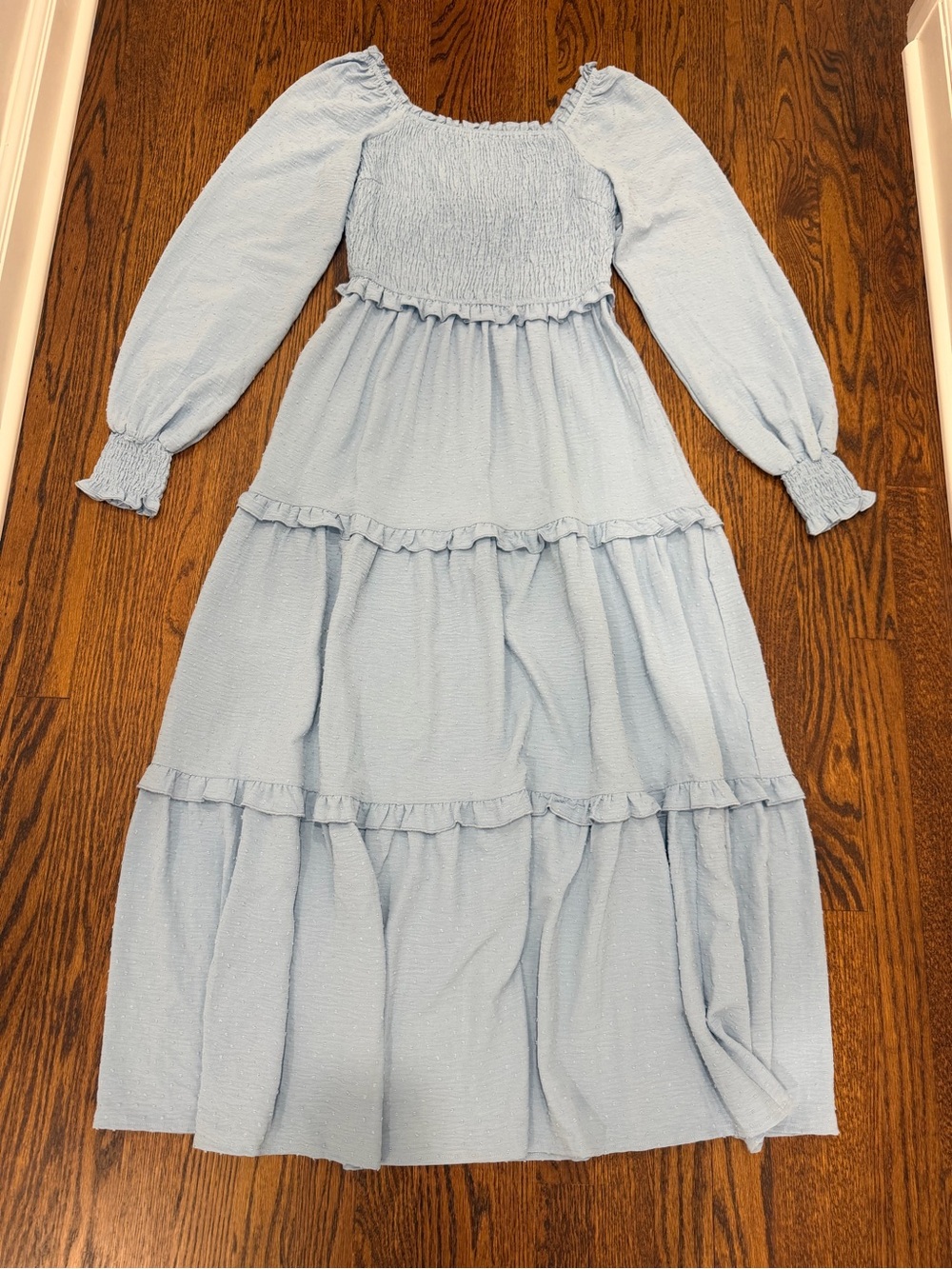Smocked Bodice Light Blue Maxi Dress with Long Sleeves